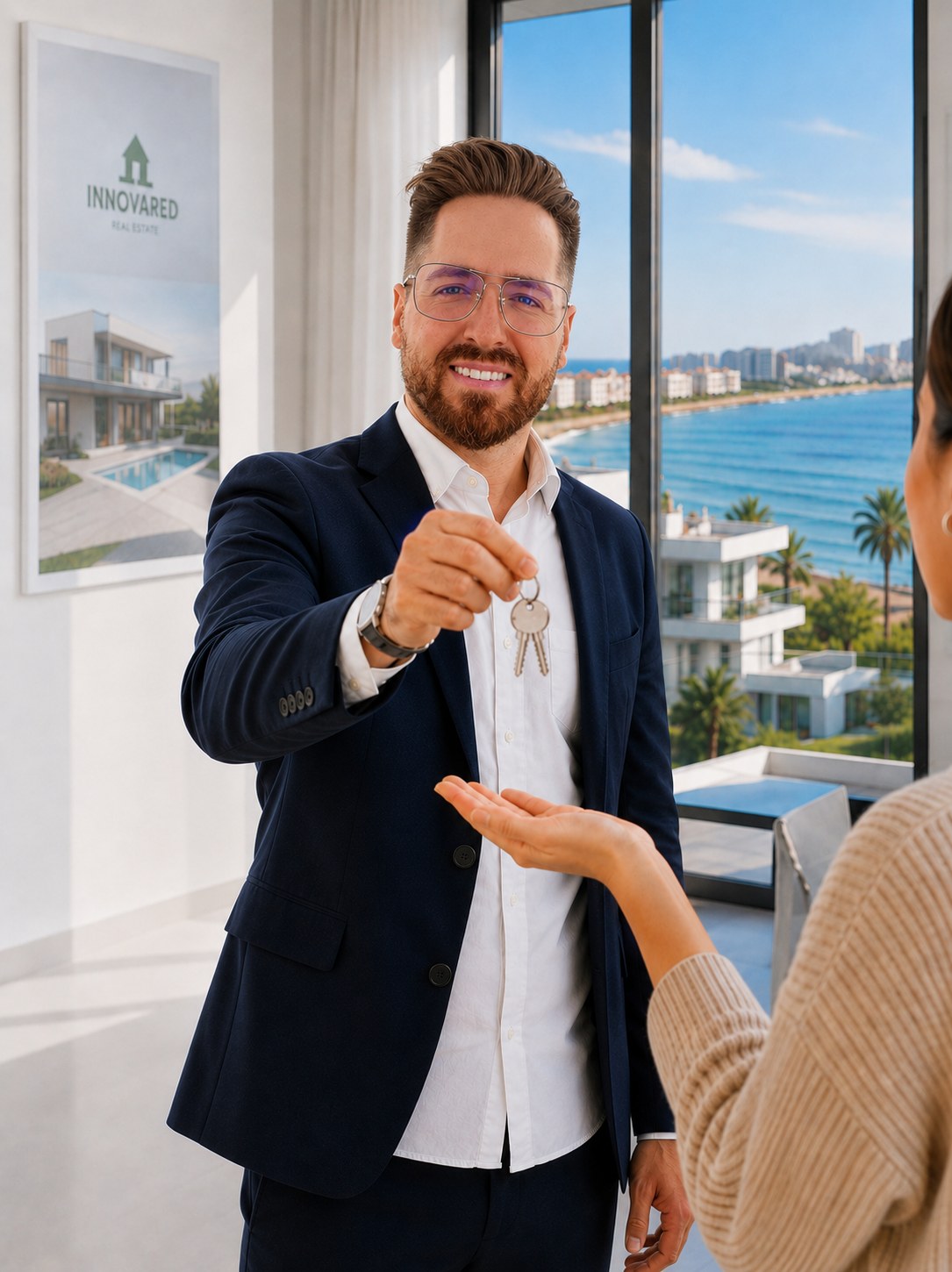 Agente Innovaria mostrando una vivienda con vistas a la costa